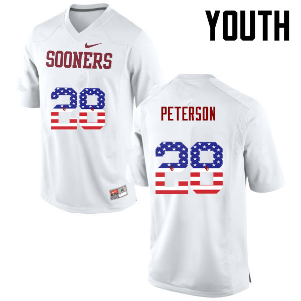Youth Oklahoma Sooners #28 Adrian Peterson College Football USA Flag Fashion Jerseys-White - Click Image to Close